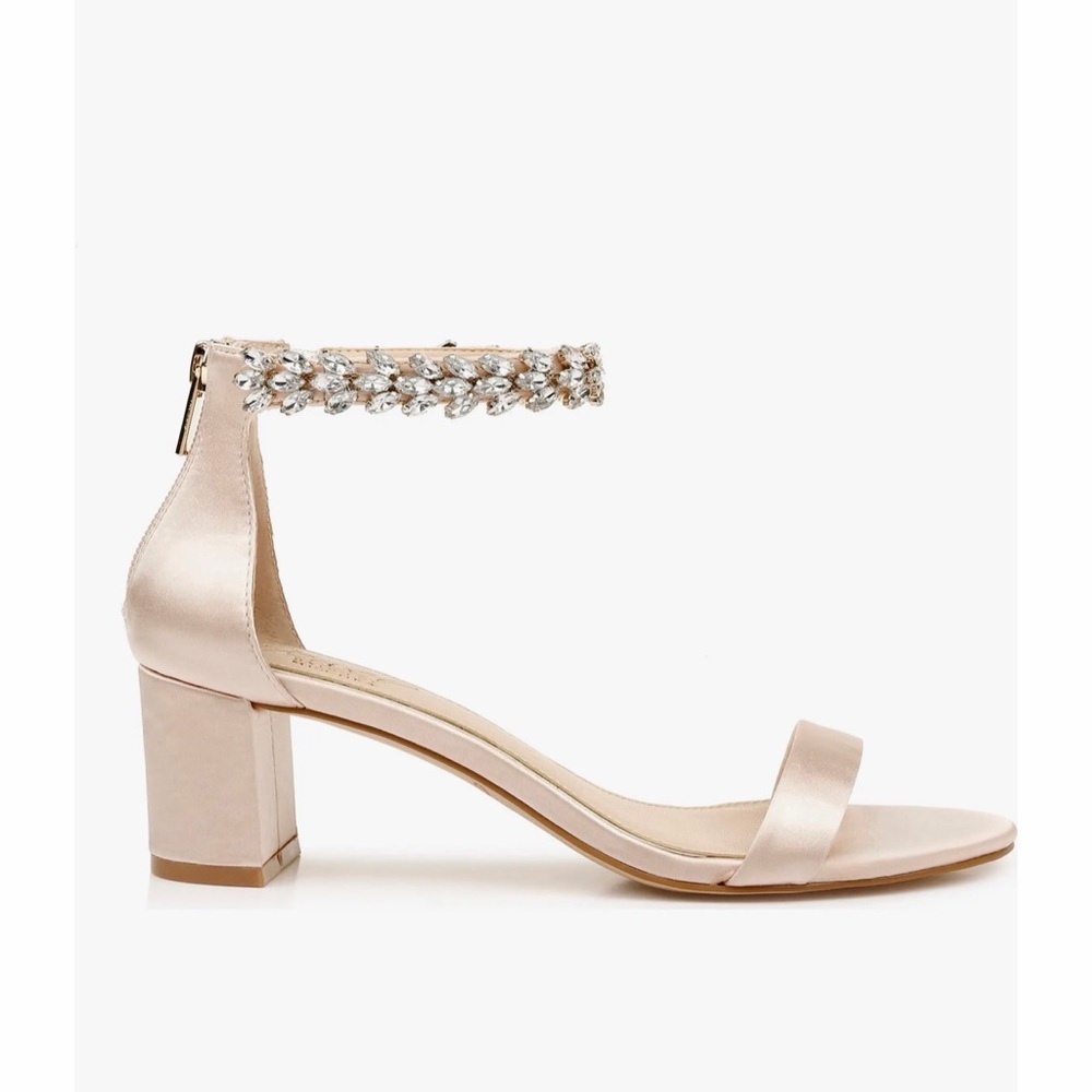 Badgley Mischka Blush Satin Crystal-Ankle Block Heel Sandal - Picture 2 of 7